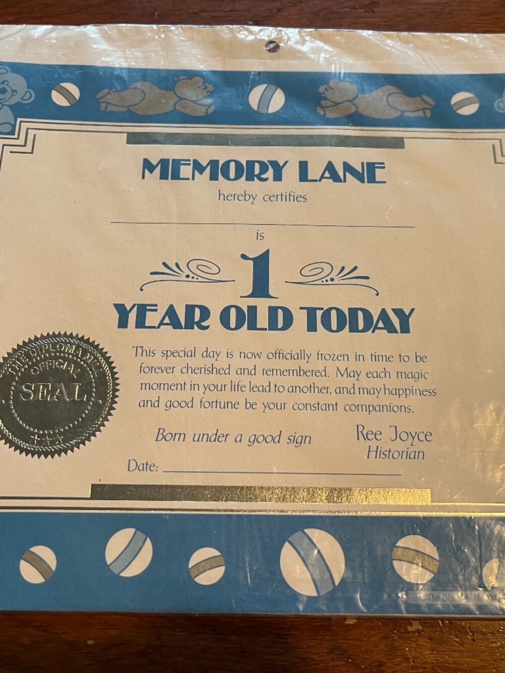 NOS Vintage 1981 Baby Certificate Memory Lane 1 Year Old SEALED